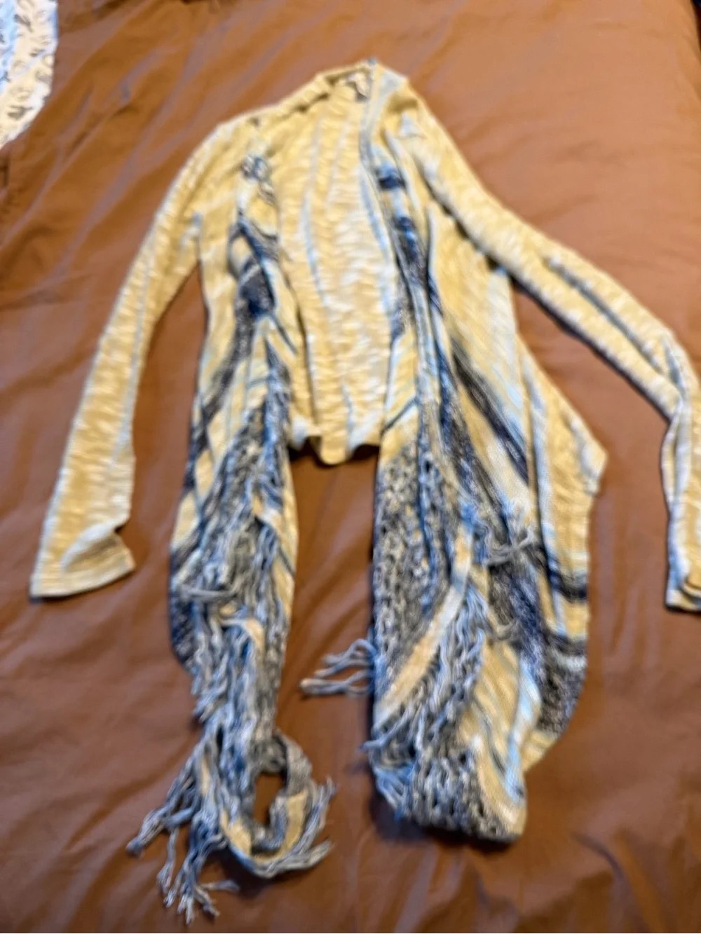 Say What? Cream and Navy Fringe Open-Front Cardigan - Picture 1 of 3